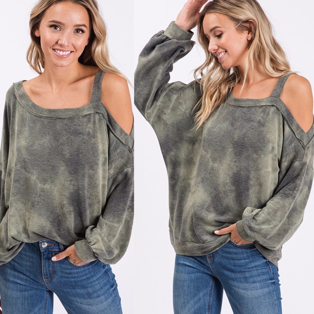 RUTH Tie Dye Cold Shoulder Top - OLIVE - Picture 1 of 2